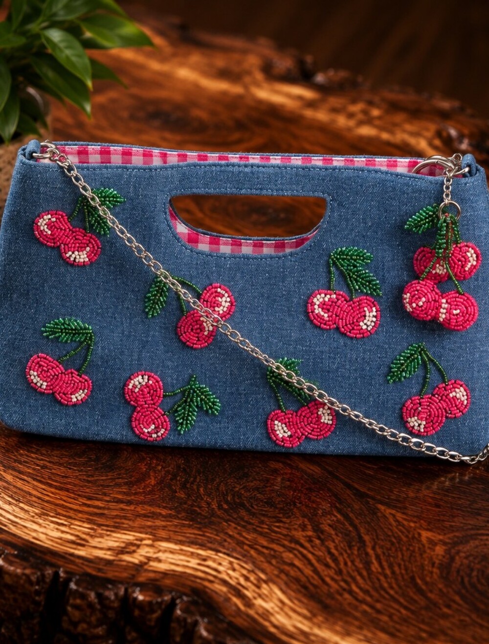 Viral Made in India Cherry Beaded Denim Clutch Purse NWT